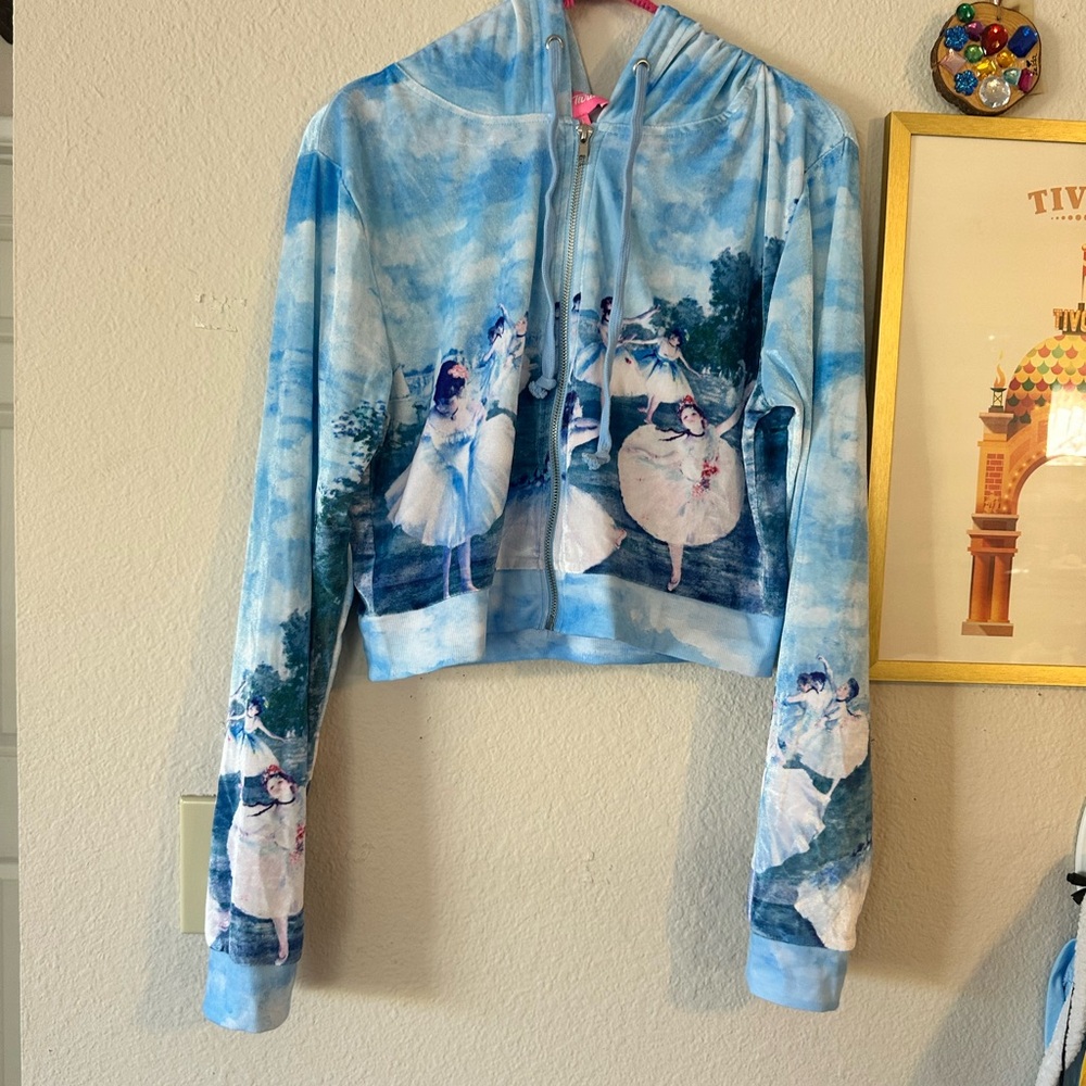 Blue Ballerina Print Cropped Zip Hoodie sugar Thrillz XL